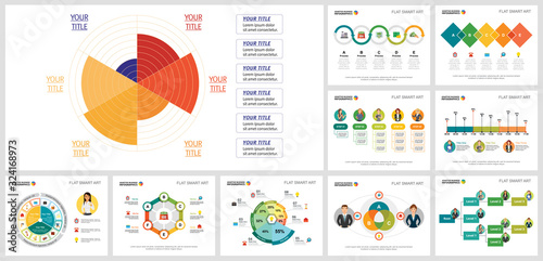 Bright analytic charts design set for report document layout, annual analytics, slide, site design. Business and statistics concept with radial diagram, bar, percentage, process, and flow charts.