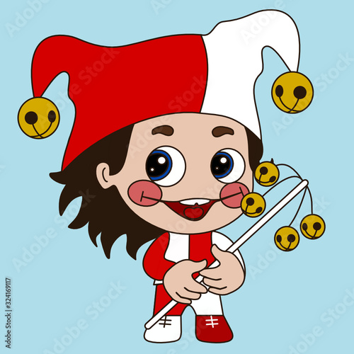 emoticon with smiling circus harlequin with two colored cape or hat with two tips and spherical bells that has rosy cheeks drawn with theatrical makeup, vector emoji chibi in color