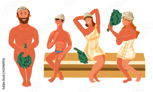 Set of naked people in towels enjoying bathhouse vector illustration