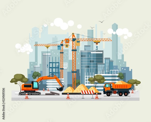 City construction work process with machines vector illustration. Engineers with building cranes and cement trucks flat style. Project of residential houses concept