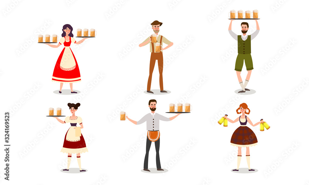 Waiters in bright costumes serving beer drinks vector illustration Waiters in bright costumes serving beer drinks vector illustration