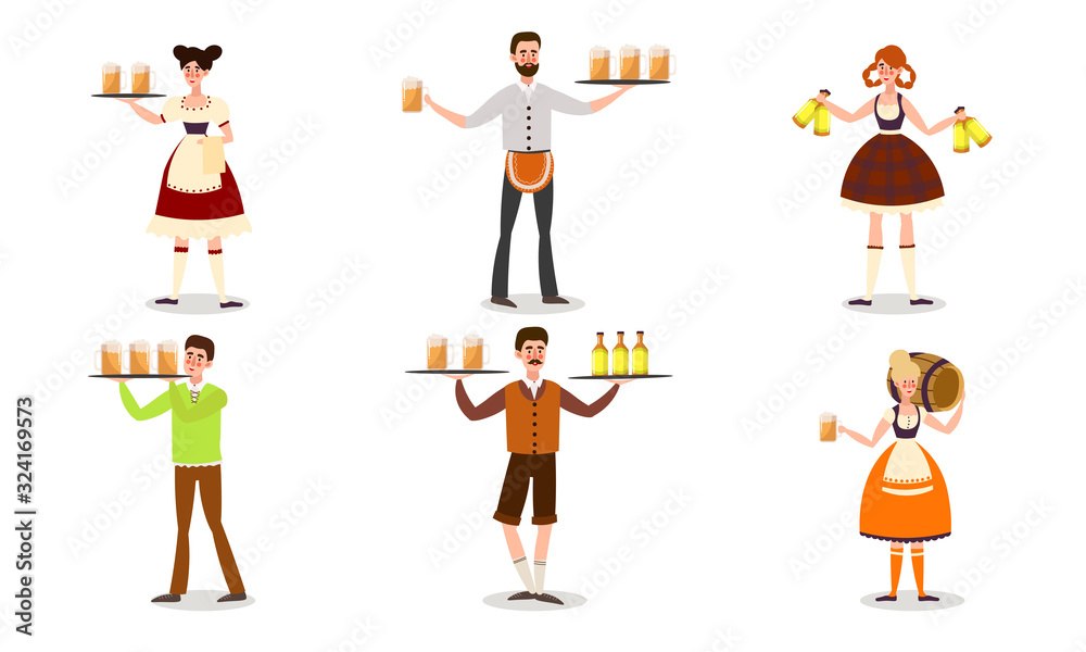 Waiters in bright traditional costumes serving beer drinks vector illustration Waiters in bright traditional costumes serving beer drinks vector illustration