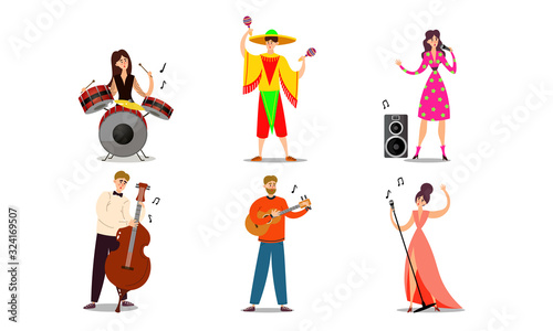 Musicians and singers playing music on stage vector illustration