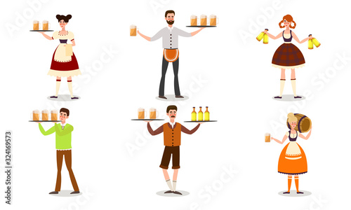 Waiters in bright traditional costumes serving beer drinks vector illustration