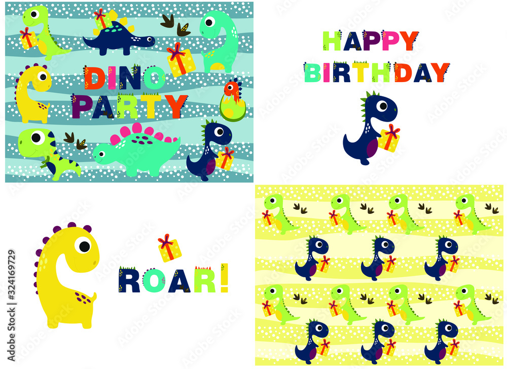 Fototapeta premium colored dinosaurs, set with birthday greetings cards, vector illustration with dinosaurs