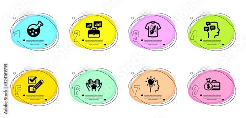 Idea, T-shirt design and Ranking signs. Timeline infographic. Checkbox, Business portfolio and Messages line icons set. Chemistry lab, Salary symbols. Survey choice, Job interview. Vector