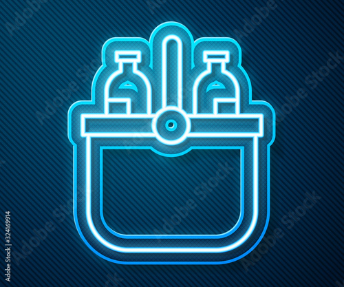 Glowing neon line Cooler bag and water icon isolated on blue background. Portable freezer bag. Handheld refrigerator. Vector Illustration
