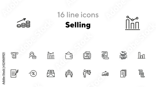 Selling line icon set. Invoice, bill, handshaking, cash. Business concept. Can be used for topics like finance, dealing, contract, partnership