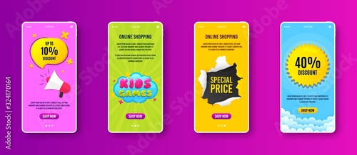 Kids games icon. Phone screen banner. Fun playing zone banner. Children games party area icon. Sale banner on smartphone screen. Mobile phone web template. Kids games promotion. Vector