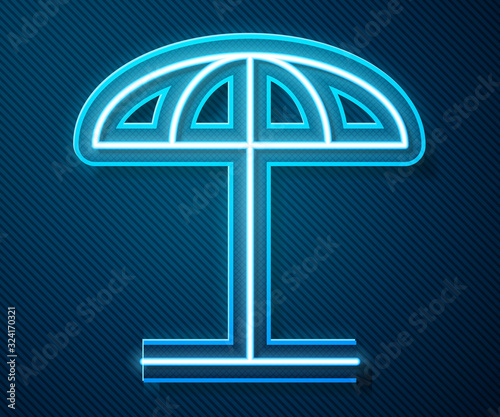 Glowing neon line Sun protective umbrella for beach icon isolated on blue background. Large parasol for outdoor space. Beach umbrella. Vector Illustration