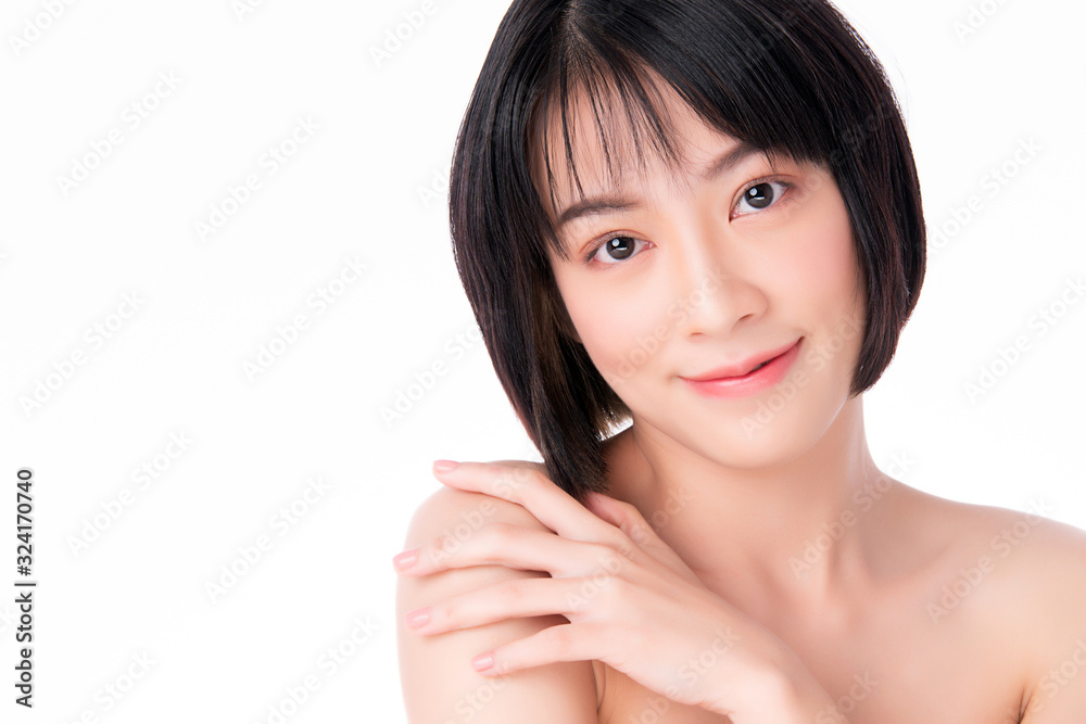 Portrait beautiful young asian woman clean fresh bare skin concept. Asian girl beauty face skincare and health wellness, Facial treatment, Perfect skin, Natural makeup, on white background,two Portrait beautiful young asian woman clean fresh bare skin concept. Asian girl beauty face skincare and health wellness, Facial treatment, Perfect skin, Natural makeup, on white background,two