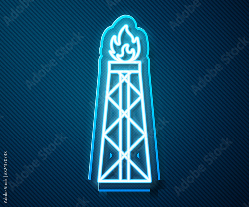 Glowing neon line Oil rig with fire icon isolated on blue background. Gas tower. Industrial object. Vector Illustration