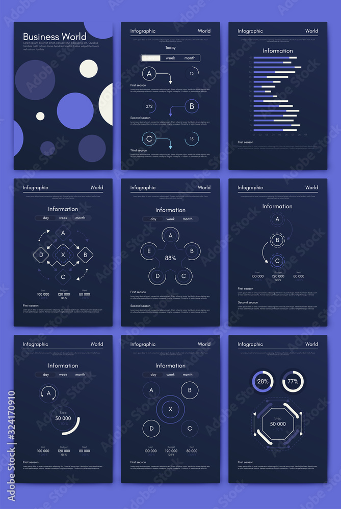 Modern infographic vector elements for business brochures. Use in website, corporate brochure, advertising and marketing. Pie charts, line graphs, bar graphs and timelines.
