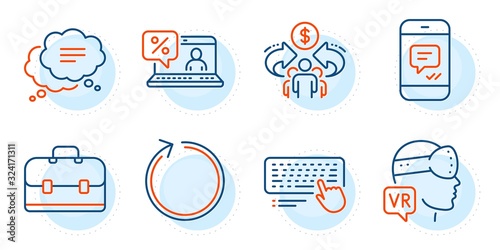 Loop, Text message and Sharing economy signs. Computer keyboard, Augmented reality and Portfolio line icons set. Message, Online loan symbols. Pc device, Virtual reality. Technology set. Vector