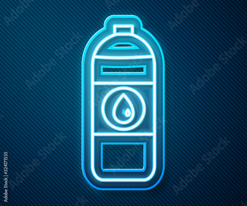 Glowing neon line Plastic canister for motor machine oil icon isolated on blue background. Oil gallon. Oil change service and repair. Vector Illustration