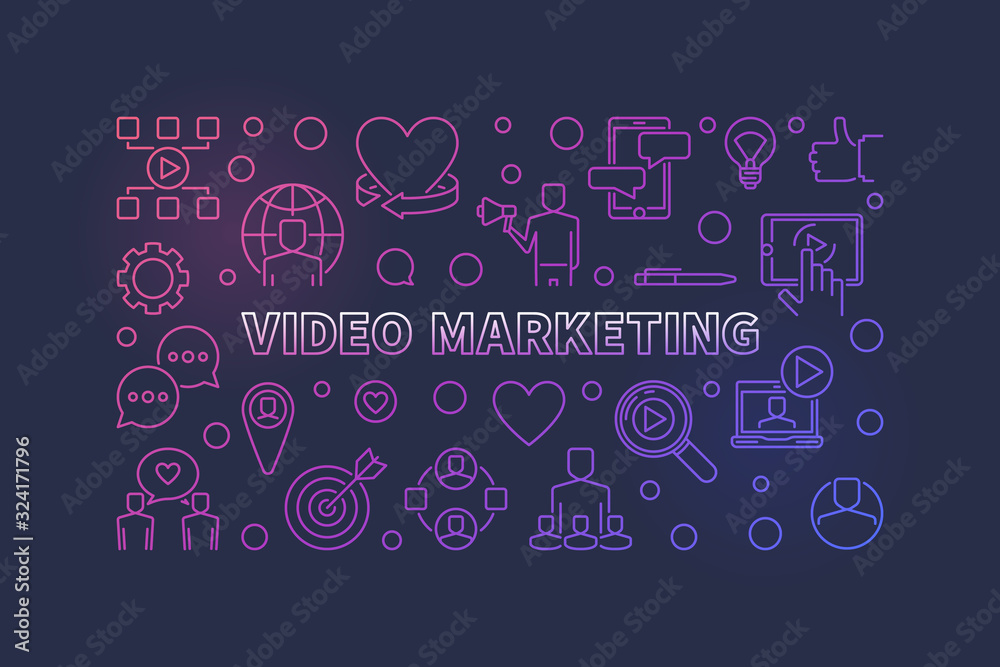 Video Marketing vector colorful concept outline horizontal illustration or banner