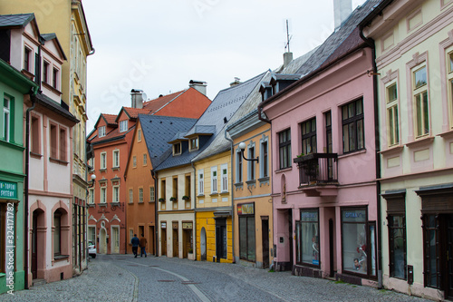 Typical colorful czech houses in a street in the old town of the small beautiful village of Loket, in Czech Republic