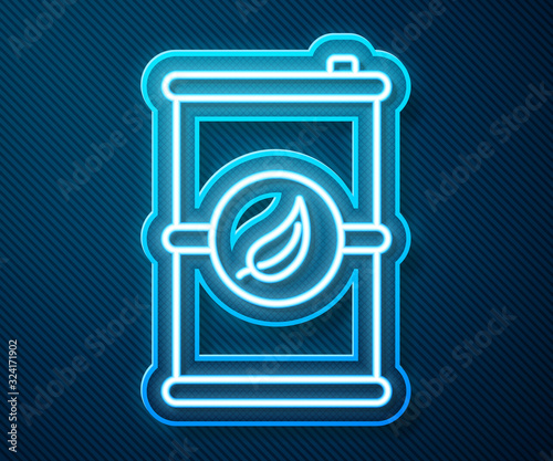 Glowing neon line Bio fuel barrel icon isolated on blue background. Eco bio and canister. Green environment and recycle. Vector Illustration