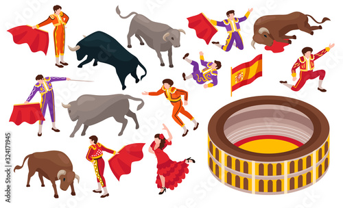 Isometric Bullfight Icon Set