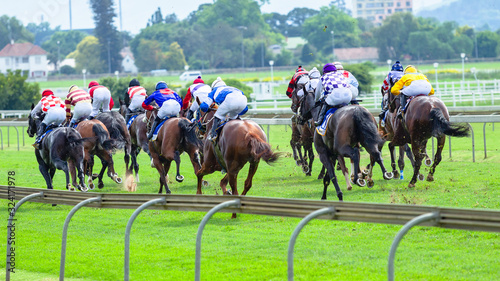 Horse Racing Jockeys Horses Running Rear Action Grass Track