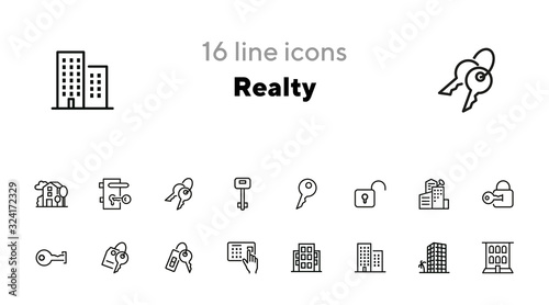 Realty line icon set. Set of line icons on white background. Modern life concept. Building, key, keyhole, lock. Vector illustration can be used for topics like modern life, architecture, investment