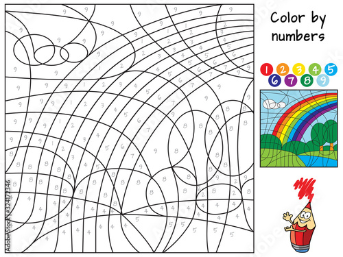 Rainbow. Color by numbers. Coloring book. Educational puzzle game for children. Cartoon vector illustration