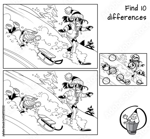 Winter holidays. Little girl is snowboarding and little boy is sledding . Find 10 differences. Educational matching game for children. Black and white cartoon vector illustration