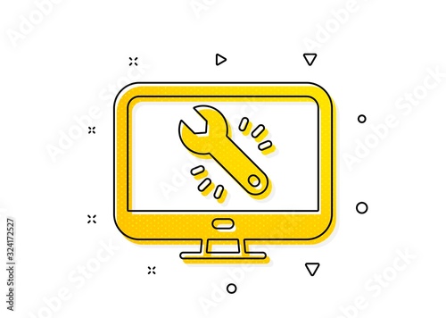 Monitor or computer repair service sign. Spanner tool icon. Fix instruments symbol. Yellow circles pattern. Classic monitor repair icon. Geometric elements. Vector