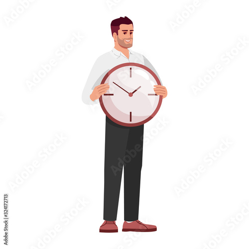Workers time management skills semi flat RGB color vector illustration. Employee holding clock isolated cartoon character on white background. Meeting deadlines, self efficacy concept