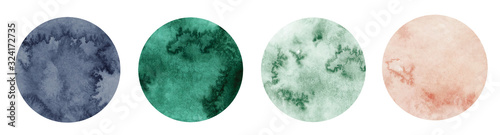 Abstract watercolor green, pink and grey circle shapes on white background. Color splashing hand drawn vector