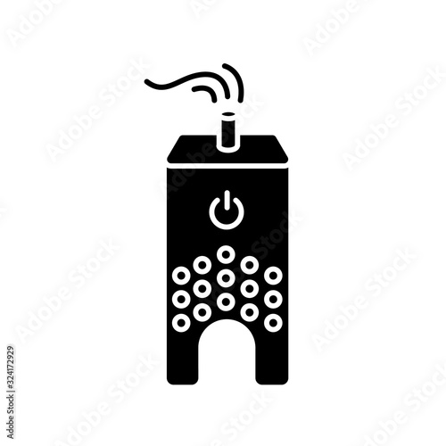 Ultrasonic humidifier black glyph icon. Home ionizer, silent mode device, water evaporator, asthma prophylaxis and healthcare appliance. Silhouette symbol on white space. Vector isolated illustration