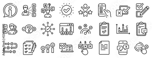 Opinion, Customer satisfaction feedback and Test icons. Survey, Report review line icons. Checklist review, Quiz and Business report symbols. Evaluation quiz, Feedback chart, Management. Vector
