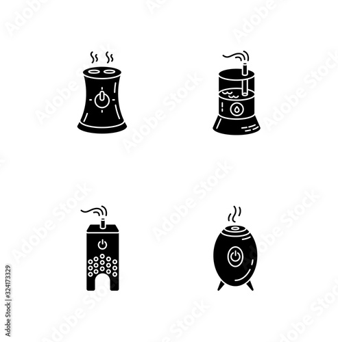 Water evaporators black glyph icons set on white space. Air humidifiers, climate control household appliances, premises humidity level regulators. Silhouette symbols. Vector isolated illustration