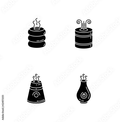 Turned on air humidifiers black glyph icons set on white space. Air purifiers, climate control household appliances, premises humidity regulators. Silhouette symbols. Vector isolated illustration