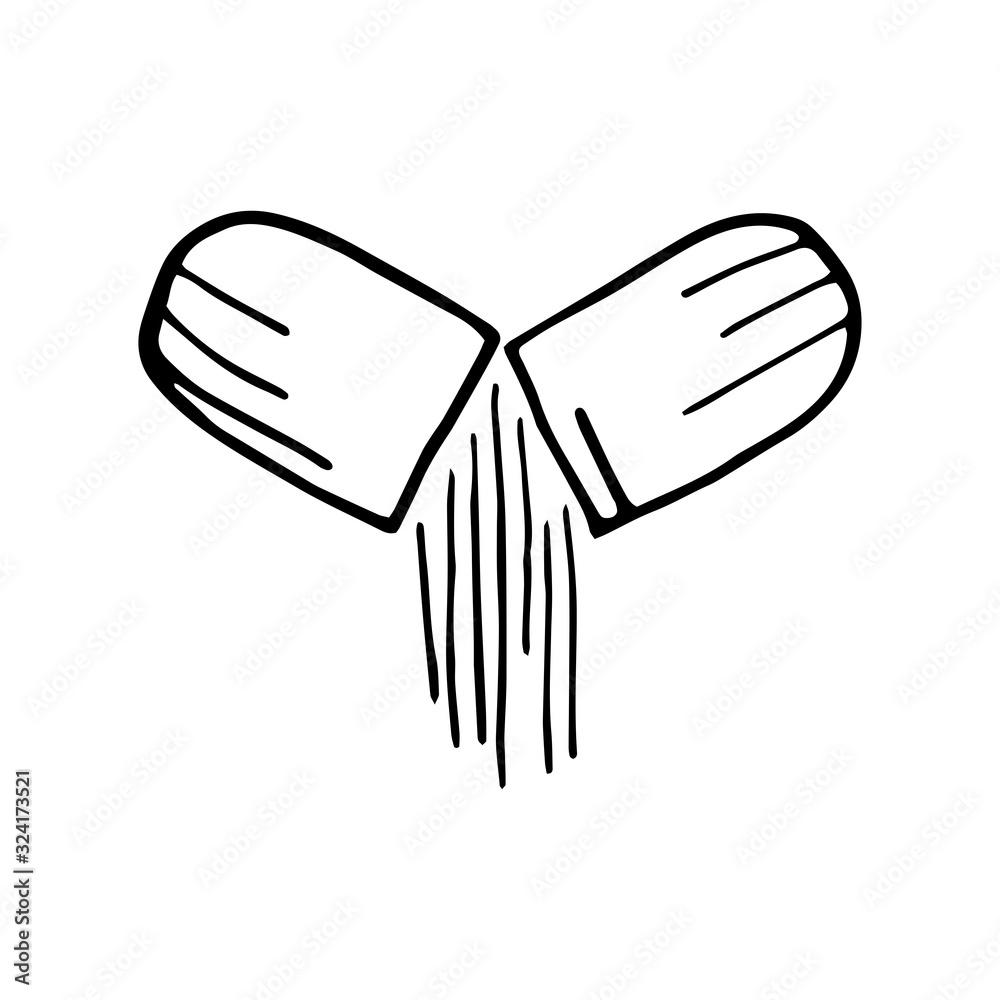 Hand drawn capsule with the drug isolated on a white background. Medical elements, icons. Doodle, simple outline illustration. It can be used for decoration of textile, paper and other surfaces. Hand drawn capsule with the drug isolated on a white background. Medical elements, icons. Doodle, simple outline illustration. It can be used for decoration of textile, paper and other surfaces.