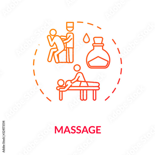 Massage concept icon. Relaxing therapeutic procedure, physiotherapy idea thin line illustration. Professional body treatment, spa service. Vector isolated outline RGB color drawing