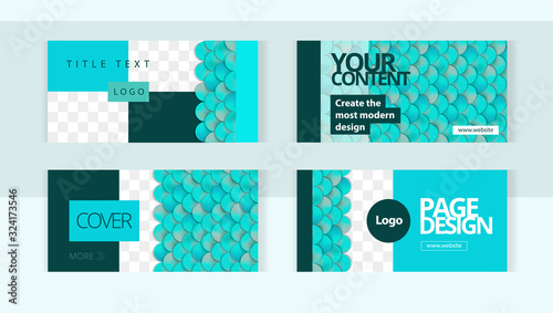 Azure, turquoise, fish scales set horizontal banner templates with frame for images. Modern style in the form of beautiful azure waves. Mermaid style.