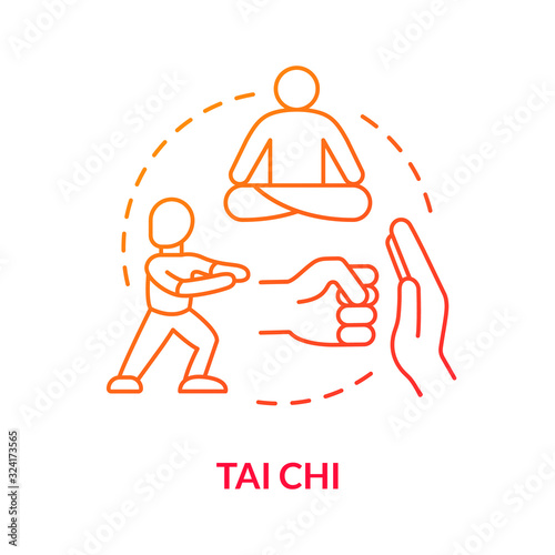 Tai chi concept icon. Traditional chinese martial art idea thin line illustration. Oriental practice, defence training and meditation technique. Vector isolated outline RGB color drawing