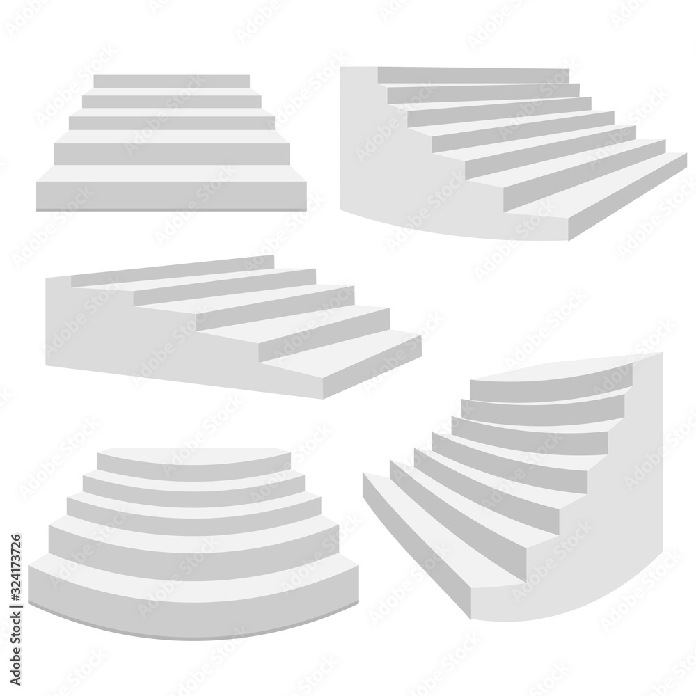 White stairs. Staircase isolated, 3d stairway for interior staircases. Steps ladder architecture element vector collection White stairs. Staircase isolated, 3d stairway for interior staircases. Steps ladder architecture element vector collection