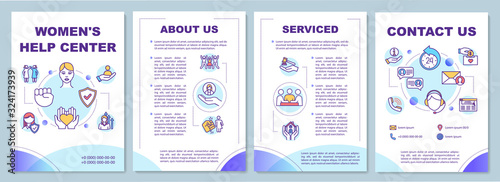 Women help center brochure template. Sexual abuse victims support. Flyer, booklet, leaflet print, cover design with linear icons. Vector layouts for magazines, annual reports, advertising posters