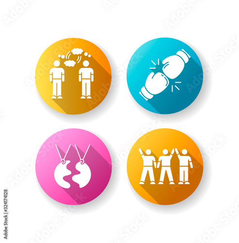 Friendship types flat design long shadow glyph icons set. Mutual understanding, rivalry, best friend and friendly company. Social interpersonal relationship. Silhouette RGB color illustration