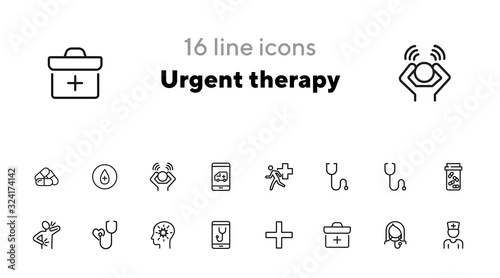 Urgent therapy line icon set. Doctor, first aid kit, headache. Medicine concept. Can be used for topics like urgent help, medical assistance, disease