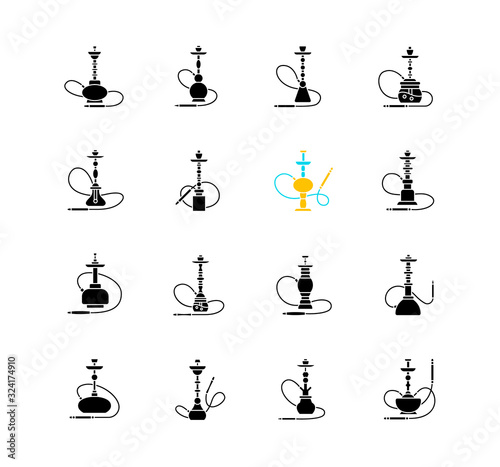 Hookah black glyph icons set on white space. Sheesha bar. Hooka accessories. Smoke area. Vapor, vaping. Tobacco option. Arabic lounge. Silhouette symbols. Vector isolated illustration
