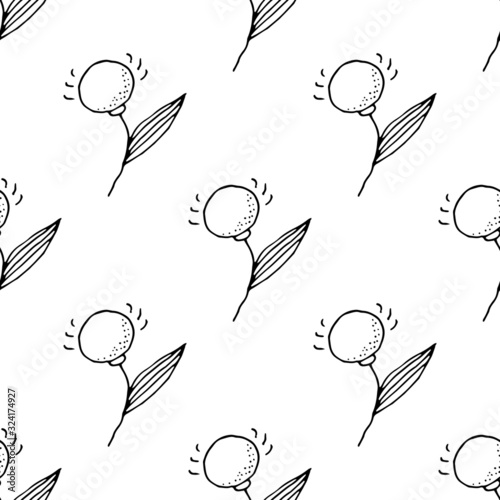 Vector seamless pattern with hand drawn doodle style plants. Black outlines on white background. Design for greeting cards  scrapbooking  textile  wrapping paper  wallpaper  printed materials