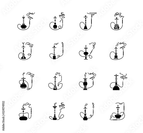 Hookah with odor black glyph icons set on white space. Incense puff from water pipe. Tobacco, marijuana. Sheesha bar. Smoke area. Arabic bar. Silhouette symbols. Vector isolated illustration