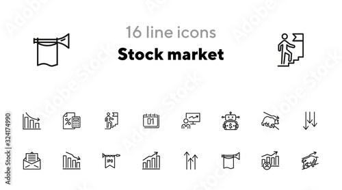 Stock market line icon set. Bear, bull, trader, IPO, charts. Finance concept. Can be used for topics like investment, assets, trading