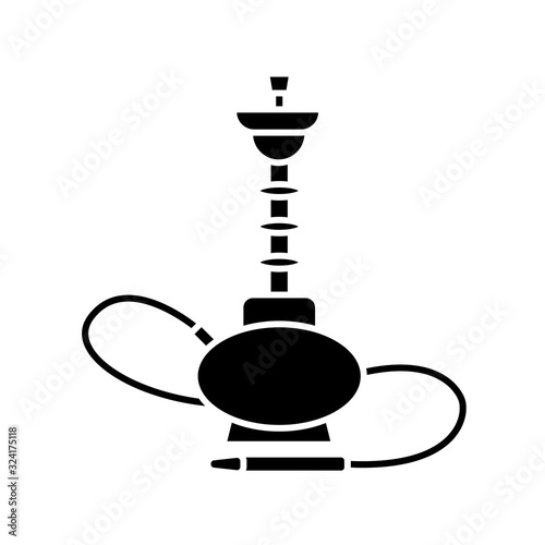 Hookah black glyph icon. Sheesha house. Glass sphere base. Popular nargile lounge. Odor from pipe. Scent of vaporizing. Smoking area. Silhouette symbol on white space. Vector isolated illustration