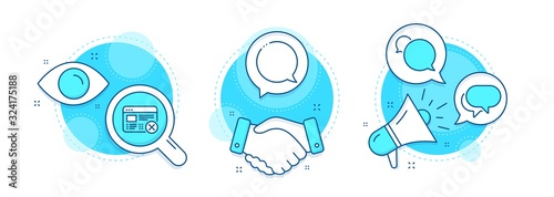 Reject web, Messenger and Speech bubble line icons set. Handshake deal, research and promotion complex icons. Talk bubble sign. No internet, Chat message. Business set. Vector