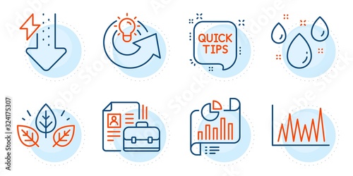 Report document, Vacancy and Line graph signs. Share idea, Rainy weather and Organic tested line icons set. Quick tips, Energy drops symbols. Solution, Water drop. Science set. Vector