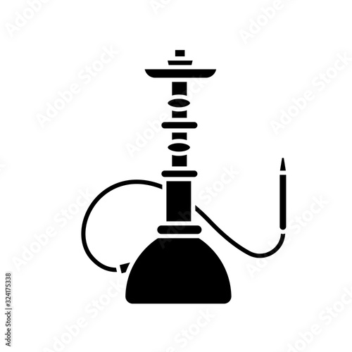 Hookah black glyph icon. Sheesha house. Shisha bar for leisure. Nargile lounge. Odor from pipe. Scent of vaporizing. Smoking area. Silhouette symbol on white space. Vector isolated illustration